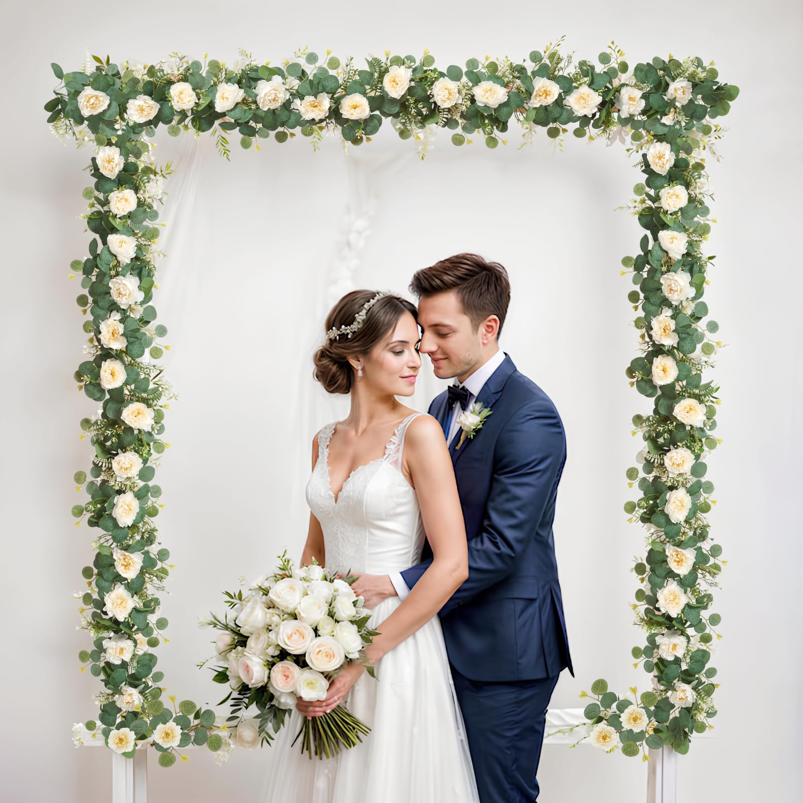DEMIUKO Künstliche Eukalyptus-Girlanden mit Blumen, künstliche Pfingstrosen, Rose, Blumen, grüne Girlande, Blumenranken für Hochzeit, Tischläufer, Bogen, Party, Zeremonie, Hintergrunddekoration (4