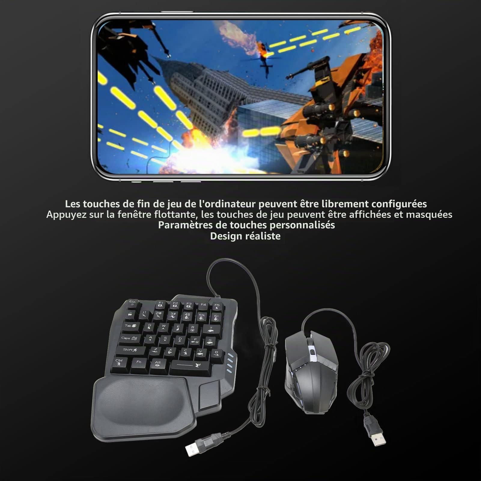Combo Clavier et Souris de Jeu à Demi-Main, Convertisseur de Souris de Clavier Mécanique de Jeu 4 en 1, Clavier rétroéclairé LED Filaire à 39 Touches pour Android, Harmony,