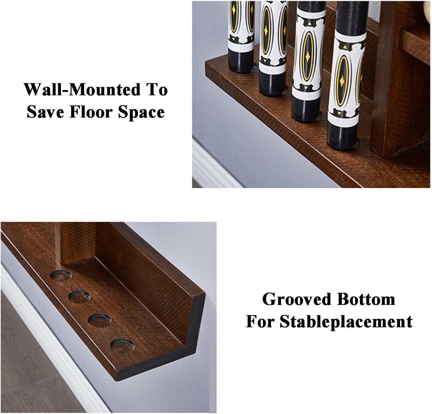 Wall-mounted Billiard Cue Rack Hold 8 Cues,solid Wood Pool Cue Stick Holder,Easy to Assemble,for Game Room Clubs and Bars