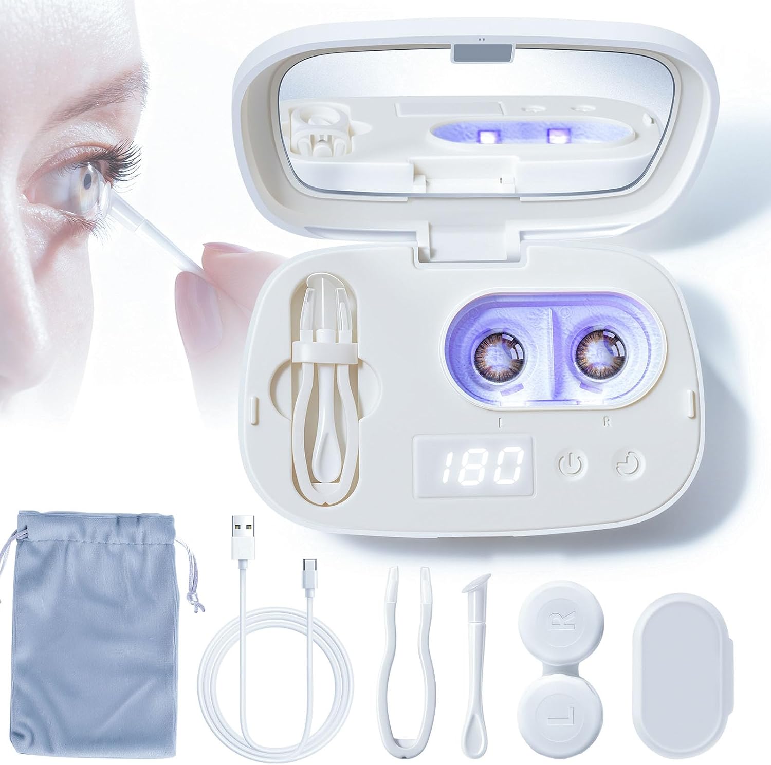 Portable Contact Lens Cleaner, ALLGLAM Automatic Ultrasonic Contact Lens Cleaner Machine with USB Charger, LED Timer Display for Soft Lenses, Colored Contact Lenses Cleaning (White)