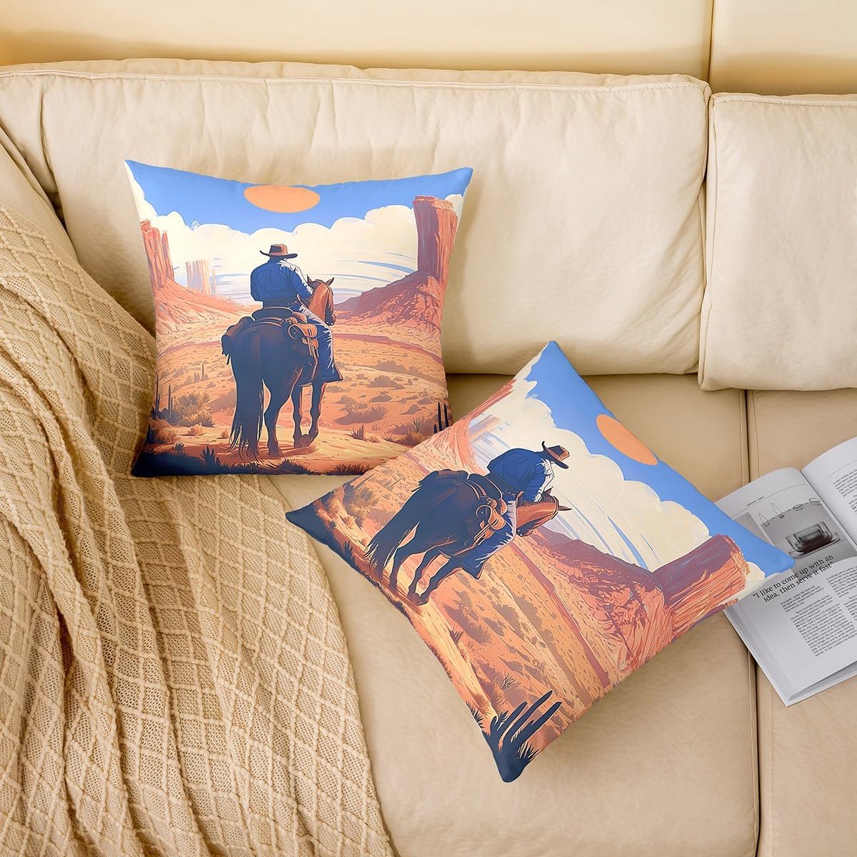 Western Cowboy Pillow Covers for Sofa Couch Chair Desert Cactus Plants Throw Pillow Covers Orange Sun Blue Sky Outdoor Pillow Cover Southwest Farm Style Cushion Cover 24"x24",Set of 2