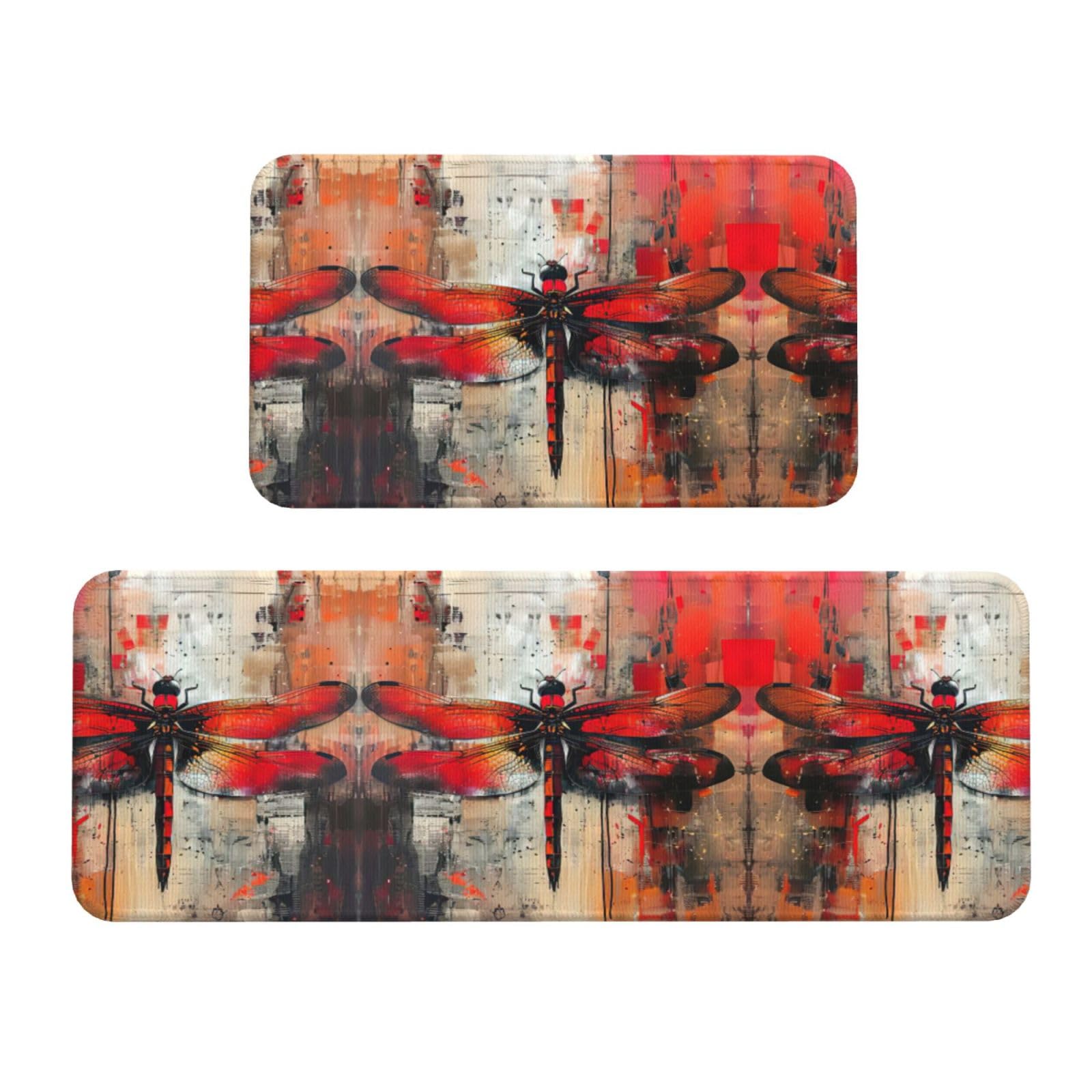 Tapis de cuisine absorbant lot de 2 antidérapant imprimé libellule rouge confortable