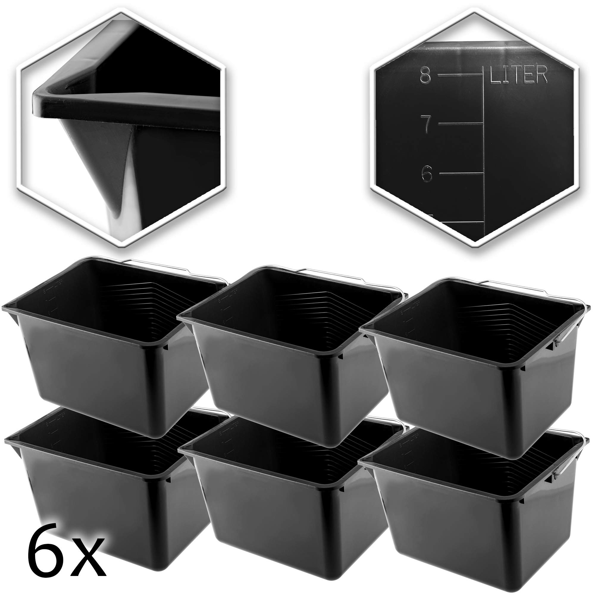 KADAX Lot de 6 seaux de peinture carrés en plastique avec poignée en métal - Seau d'eau robuste avec bord verseur - Pour rénovation, jardin, nettoyage - Rectangulaire, léger - 8 l - Noir