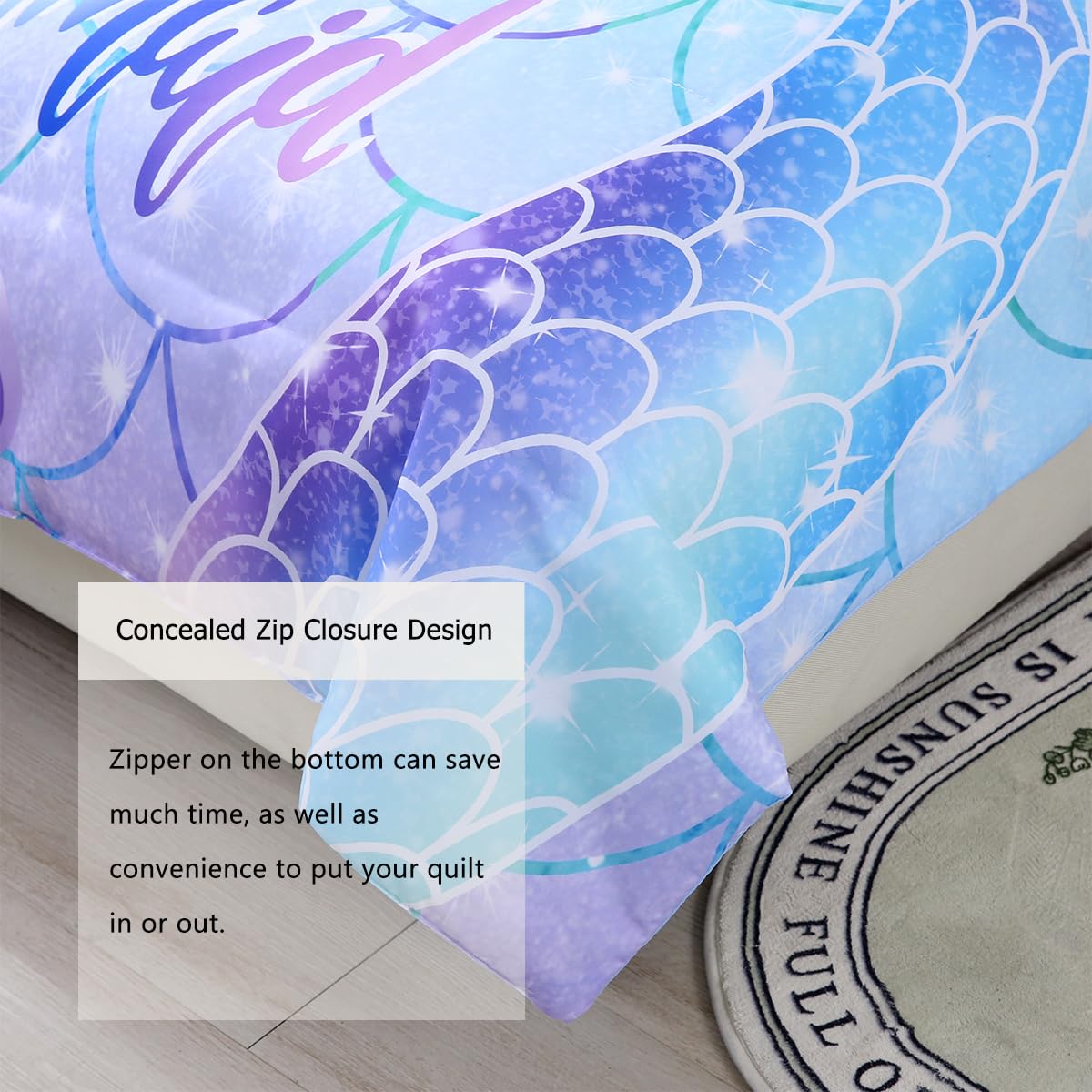 STYHO Blue Toddler Duvet Cover Set Colorful Mermaid Tail Printed Cot Bedding Set Soft Reversible Gradient Toddler Bedding Set(Blue Mermaid - Image 4