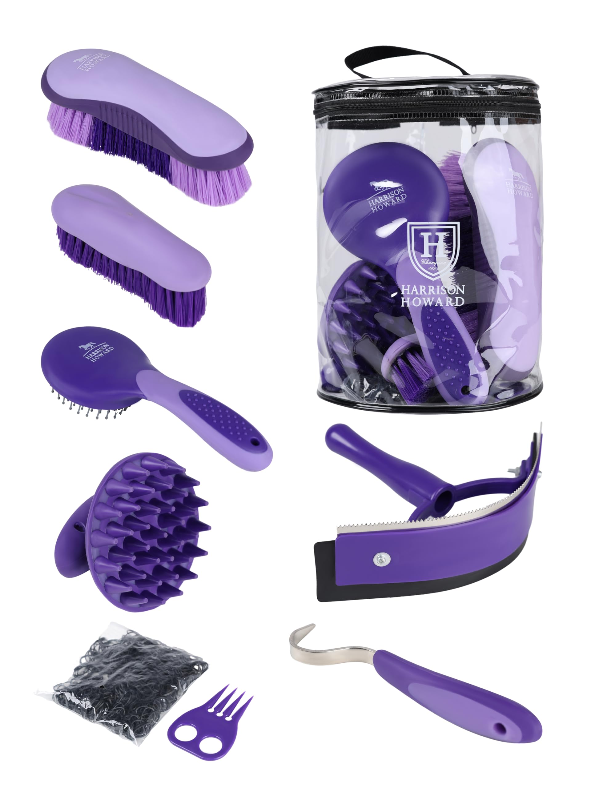 Harrison Howard Horse Grooming Brush Set, 7 Essential Grooming Brushes for Daily Horse Care, Body, Mane, Tail & Shedding Use Purple