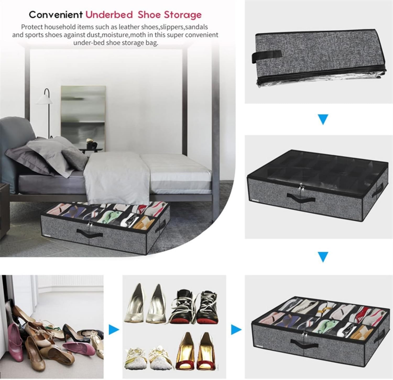 Under Bed Shoe Storage Organizer 2 Pack, Fits 24 Pairs, Large Underbed Shoe Box Storage Containers, Clear Foldable Shoes Organizer Under the Bed