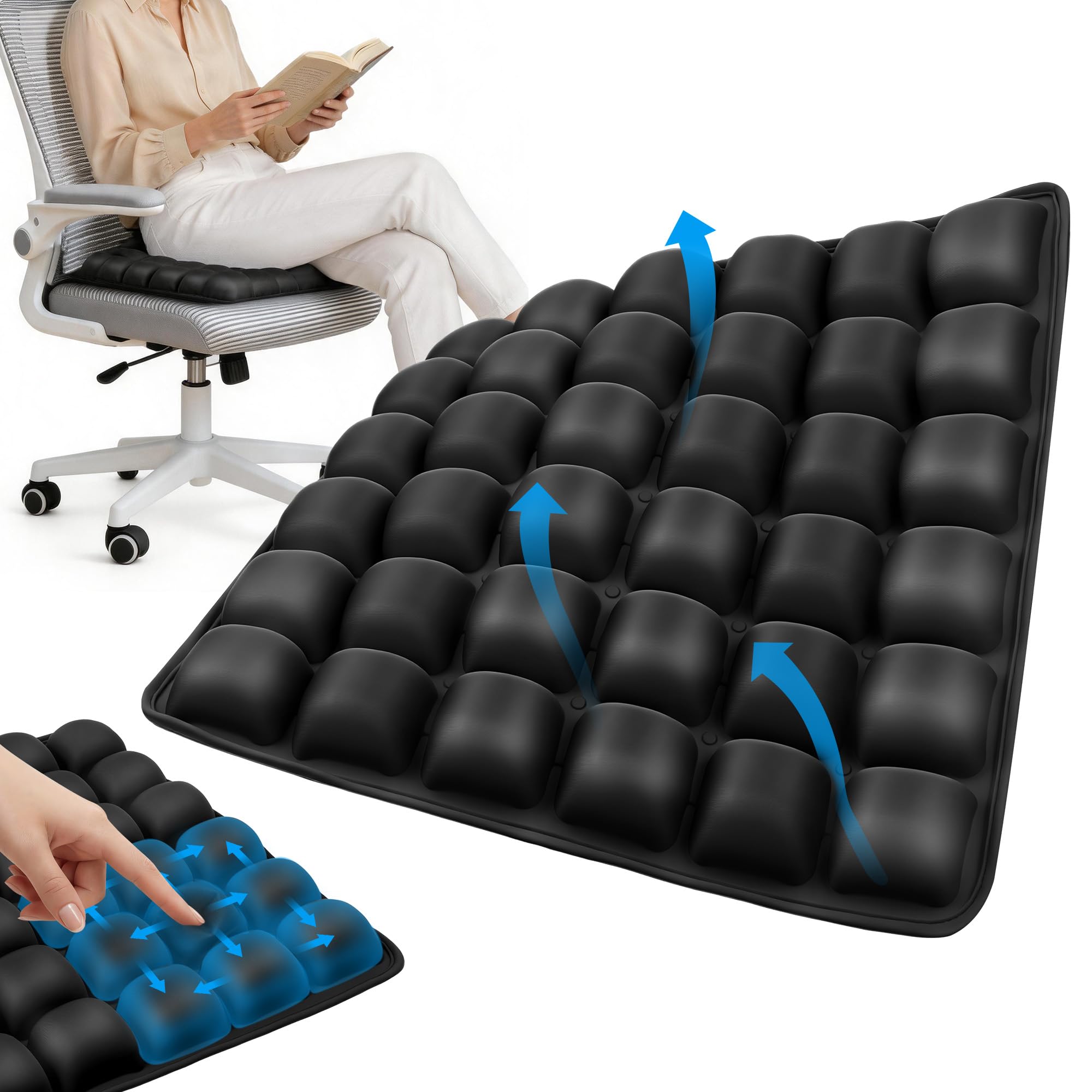 airplane seat cushion, inflatable travel cushion for long flights, air-cell portable seat pad with built-in pump for travel car office wheelchair