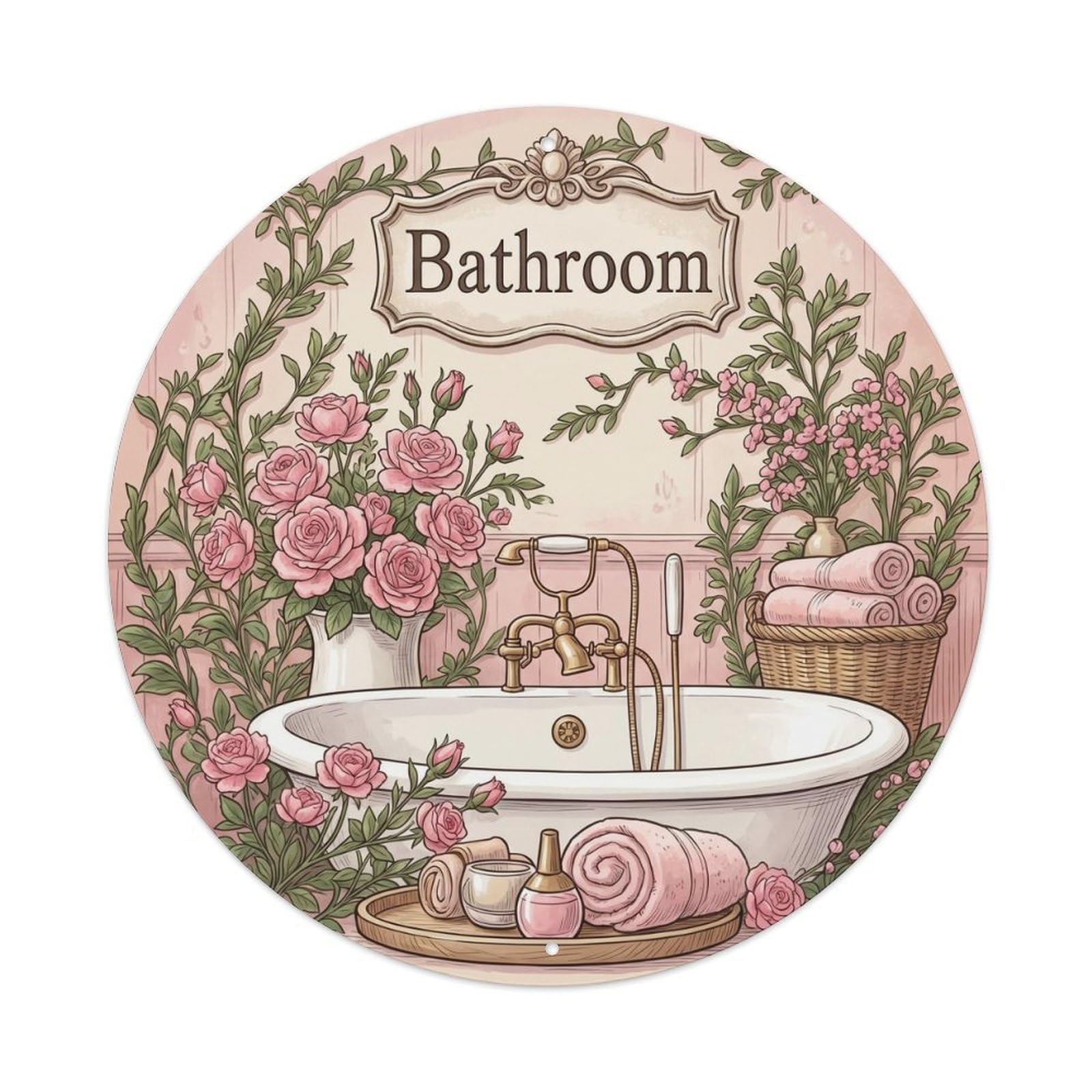 Yrnq Vintage Style Bathroom Rose Bathtub Wall Decor Vintage Metal Tin Sign Plaque Wall Decor For Cafe, Club, Garden Round Metal Poster 8X8inch