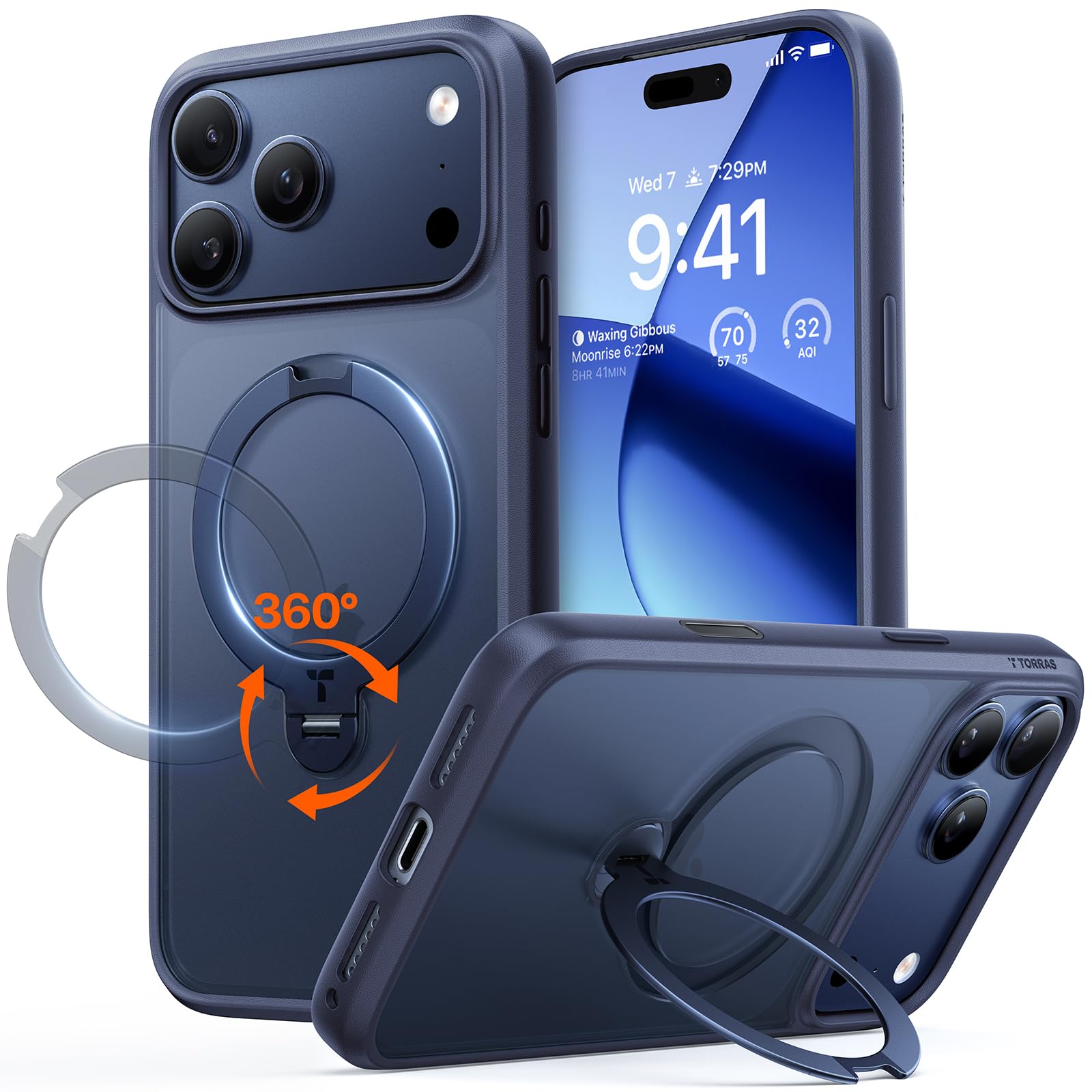 TORRAS Ostand Q3 Spin für iPhone 17 Pro Hülle (360° Stabilen Ständer für Magsafe) Militärschutz Case mit Kamera-Tastenschutz Schlank Kratzfeste Matt Rückseite Handyhülle für iPhone 17 Pro Blau