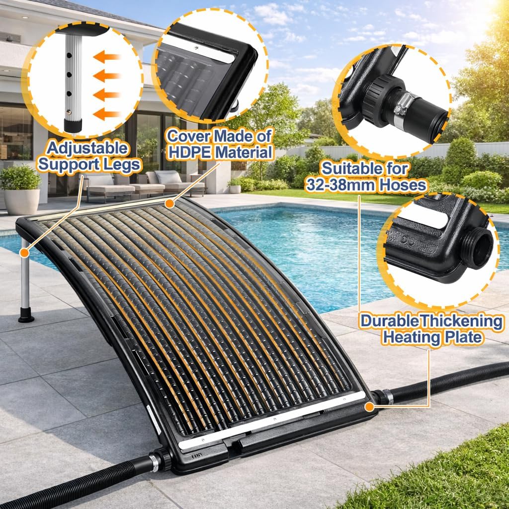 2026 Upgraded Solar Pool Heater with Adjustable Support Feet, Pool Heater for Above Ground Pool, Inground Pool Warmer, with 2 Adapters, 2 Hoses & Clamps, 2 Plumber Tapes, Thicken Connector
