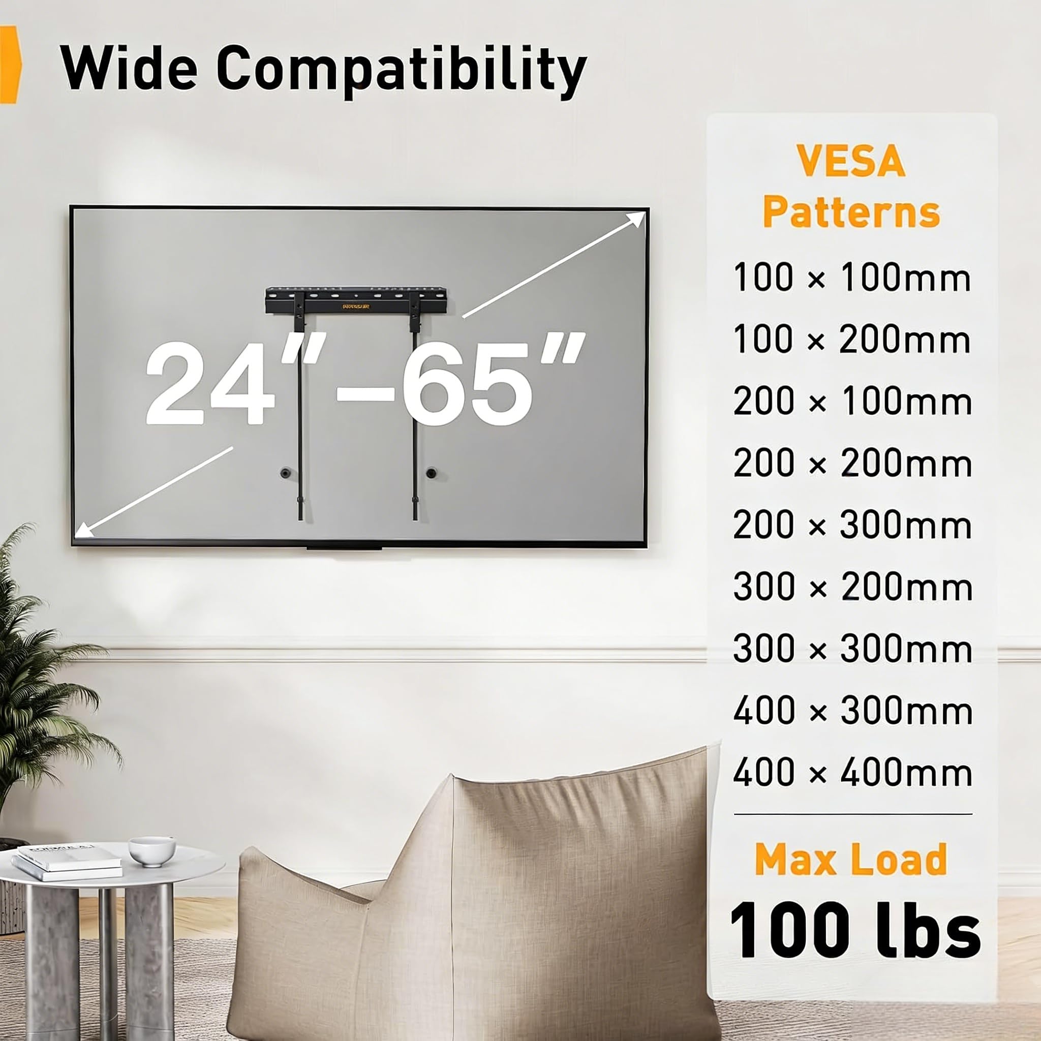 Perlegear Studless TV Wall Mount for Most 24-55 Inch TVs up to 100 lbs, No Stud TV Mount, Drywall TV Bracket with Max VESA 400x400mm, No Drill, Easy Install, Low Profile, PGMT7