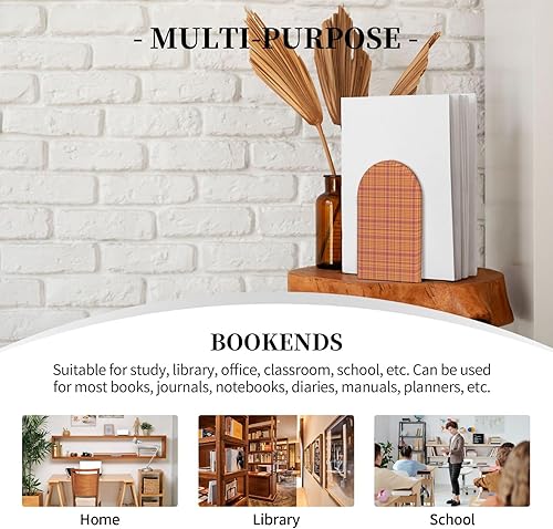 Miniatura 7 de Book Ends for Shelves 1 Pair - Retro Light Yellow Plaid Print Wood with Metal Base Bookends for Heavy Books, Book Stand Organizer Holder for Books
