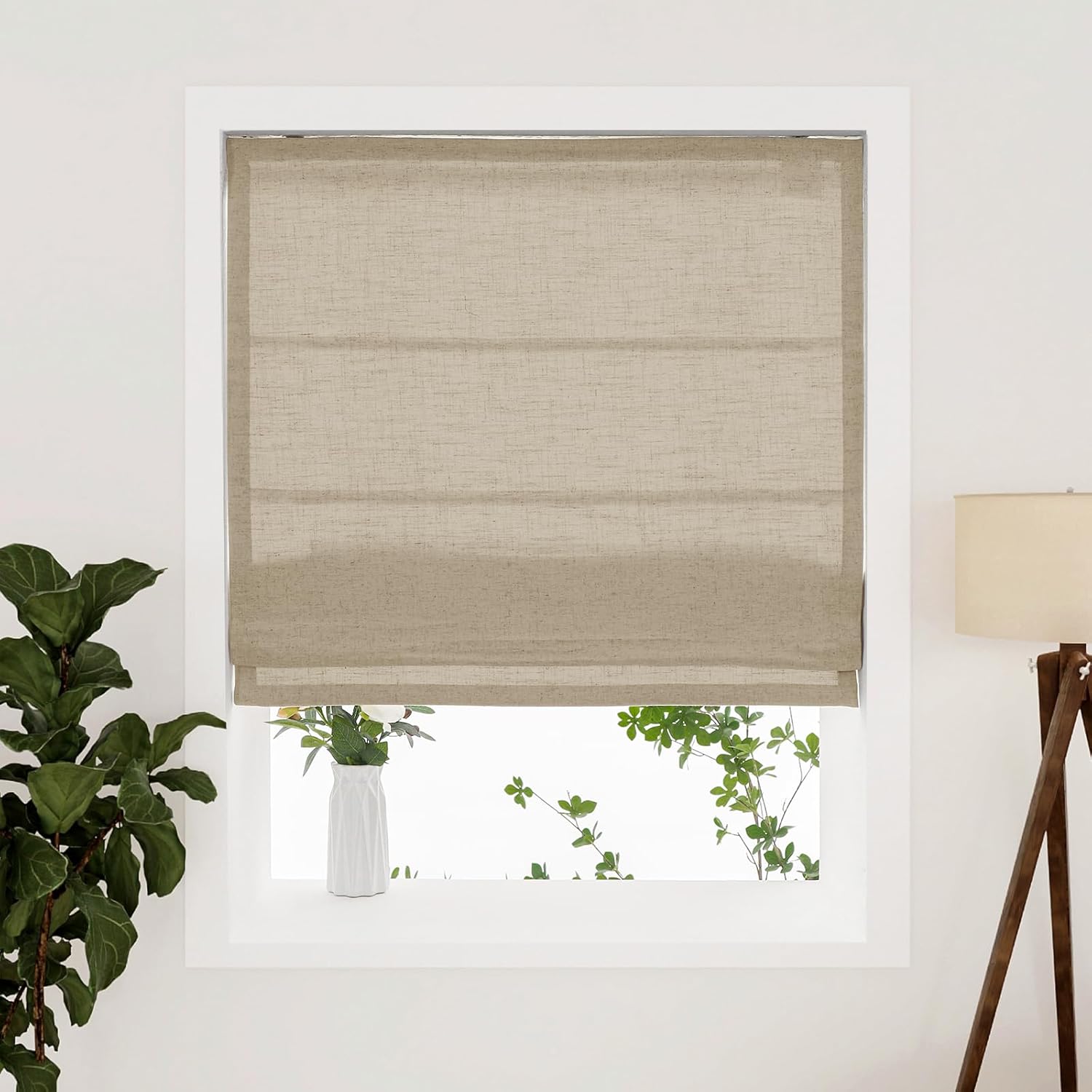 LUSTROWIN Cordless Roman Shades – Light Filtering, Privacy, Natural Linen Fabric Window Blinds for Bedroom & Living Room – Easy Install, Beige, 34" W x 64" H