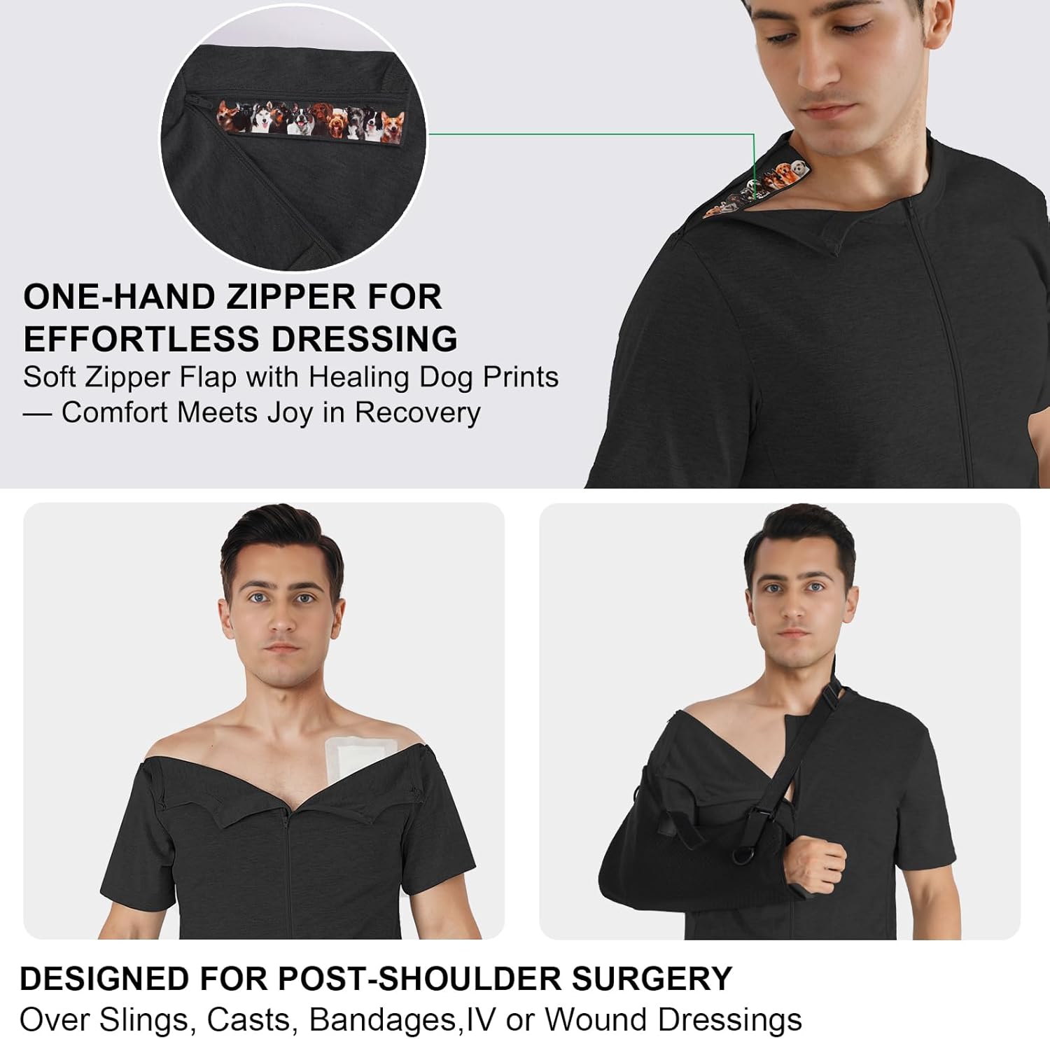 Men's Shoulder Surgery Shirt with One-Hand Zip for Chemo Port Access & Rotator Cuff Recovery & Puppy Flap Short Sleeve