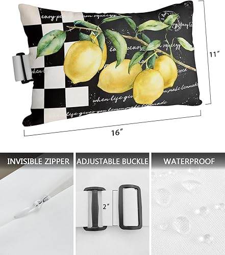Miniatura 3 de Almohada amarilla de verano con diseño abstracto de limón negro y blanco, a cuadros, para exteriores, tumbona, tumbona, 2 paquetes de almohadas