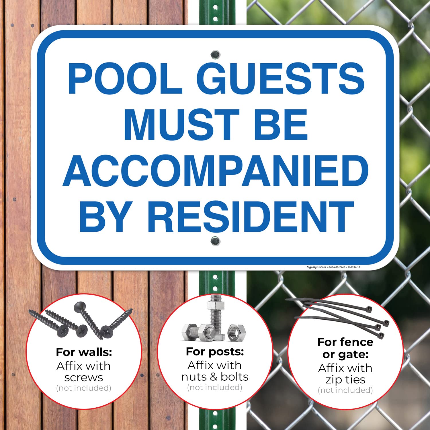 Pool Guests Must Be Accompanied by Resident Sign, Pool Sign, 12x18 Inches, Rust Free .063 Aluminum, Fade Resistant, Made in USA