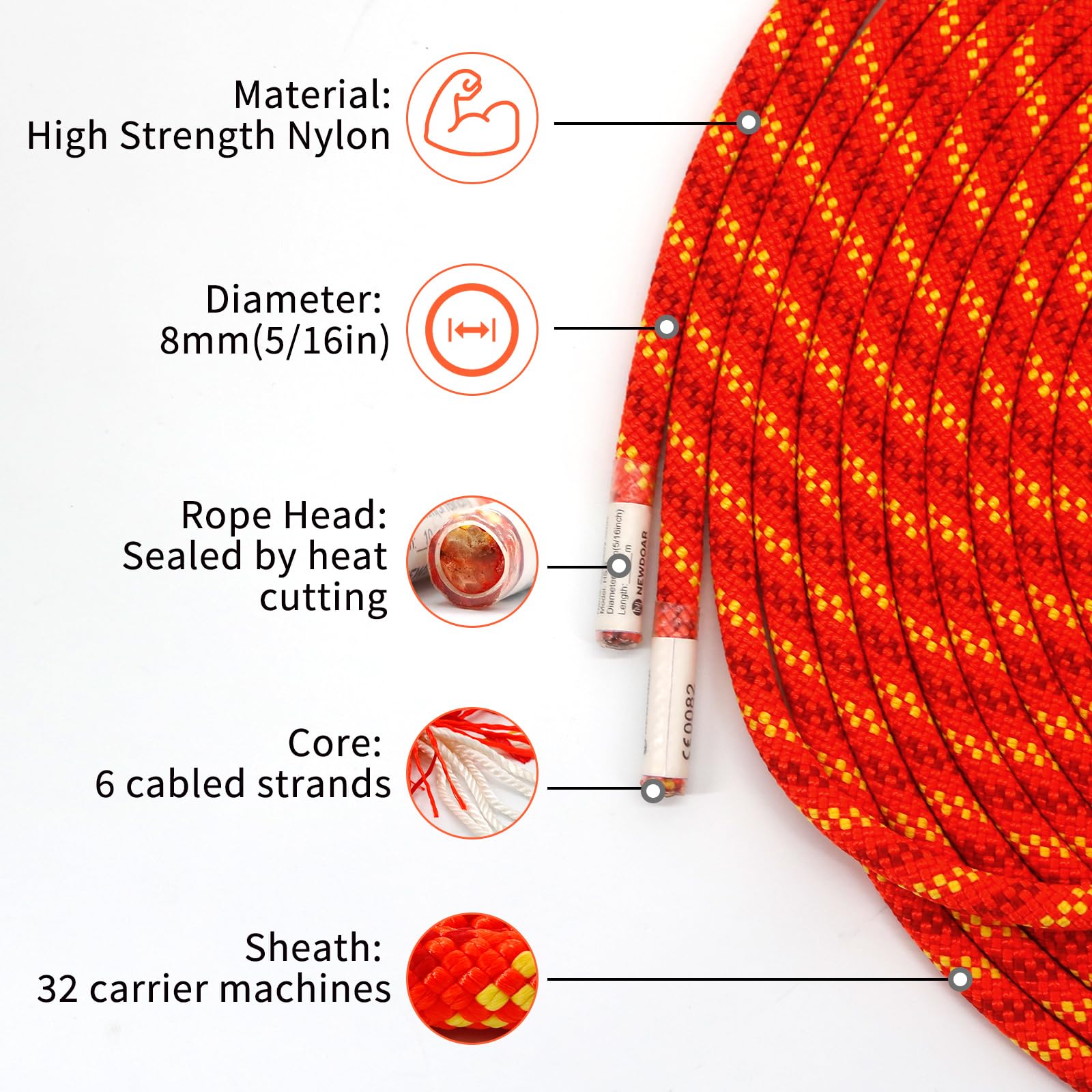 NewDoar - Cuerda de escalada estática certificada CE y UIAA (8 mm, 8 mm, accesorios de alta resistencia, 10 m/20 m/30 m/50 m, cuerda de seguridad para escalada, supervivencia al aire libre y