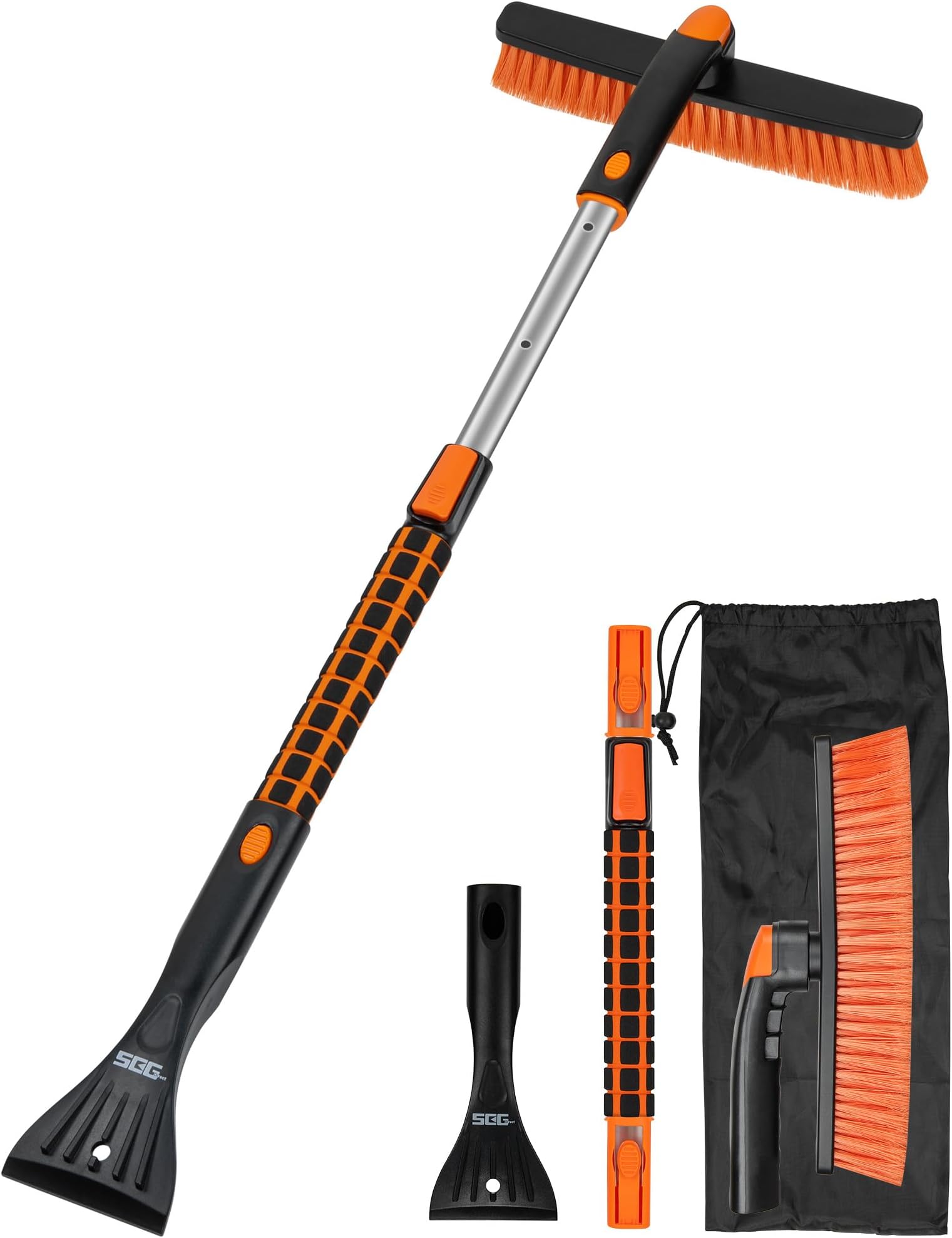 SEG Direct 36" Snow Brush with Ice Scraper Extendable Detachable Handle, Telescopic Car Snow Removal with Foam Grip for Truck SUV Windshield Windows, Black and Orange