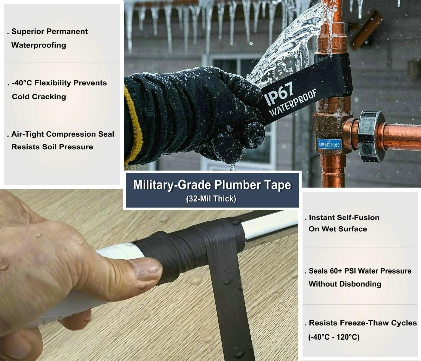 Silicone Butyl Composite Rubber Self-Fusing Tape(1.5" x 20FT) | IP67 Waterproof & 35KV Insulated | Extreme Cold/Hot Resistance | for Plumbing, Hose Repair, Pipe Leak, Electrical Joint, Handlebar Grip