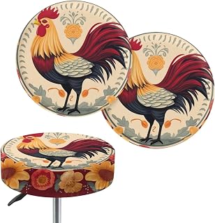 Jeiento 2 Piece Rooster Stool Covers Round Bar Stool Seat Covers Dust Proof Non-Slip Slip Stool Slipcover Soft and Polyester Furniture Protector Case Farmhouse Chick Pattern,12-14 in