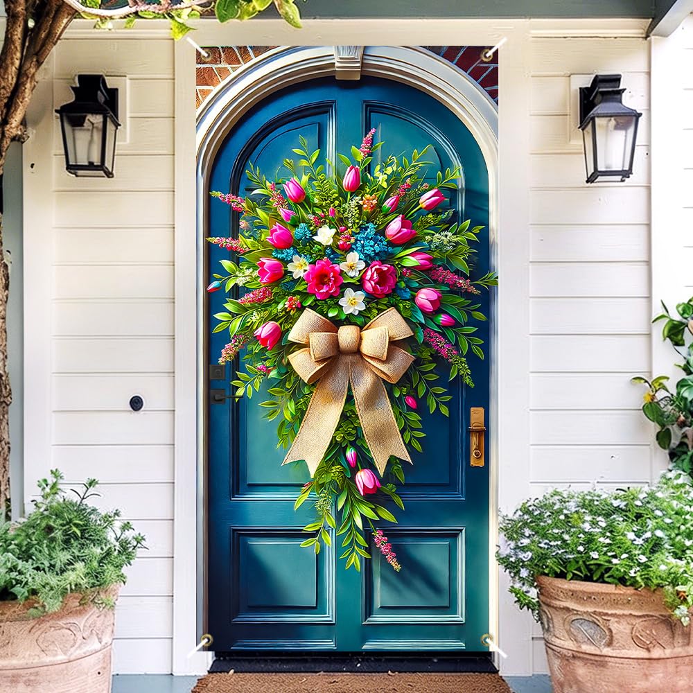 Spring Tulip Bouquet Door Cover 35x71in Hydrangea Bow