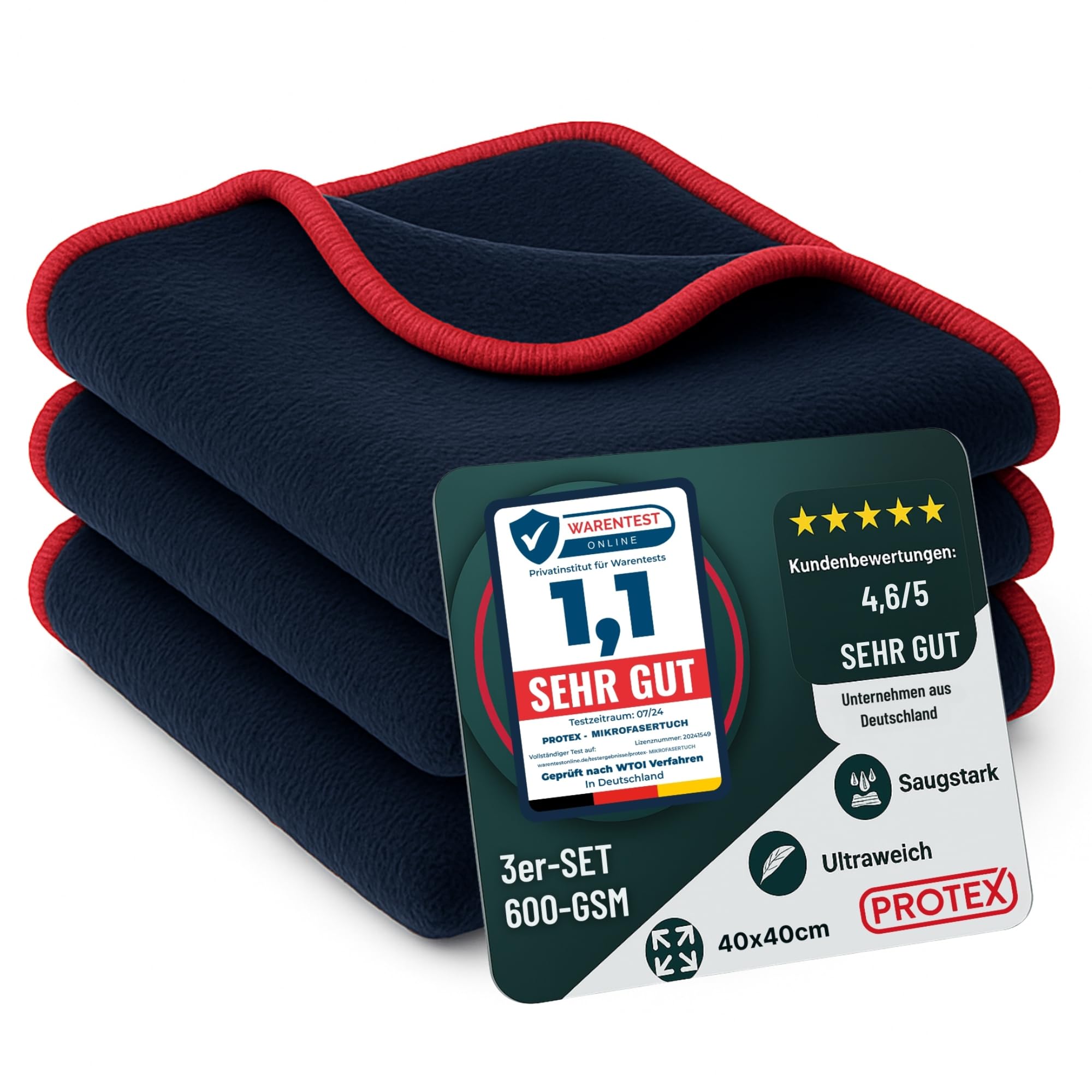 PROTEX© Mikrofasertücher Auto 380 GSM - [Testsieger 2025] fusselfreie & lackschonende Reinigungstücher - extrem saugstark & weich - Poliertuch 40x40 cm - 3er Set