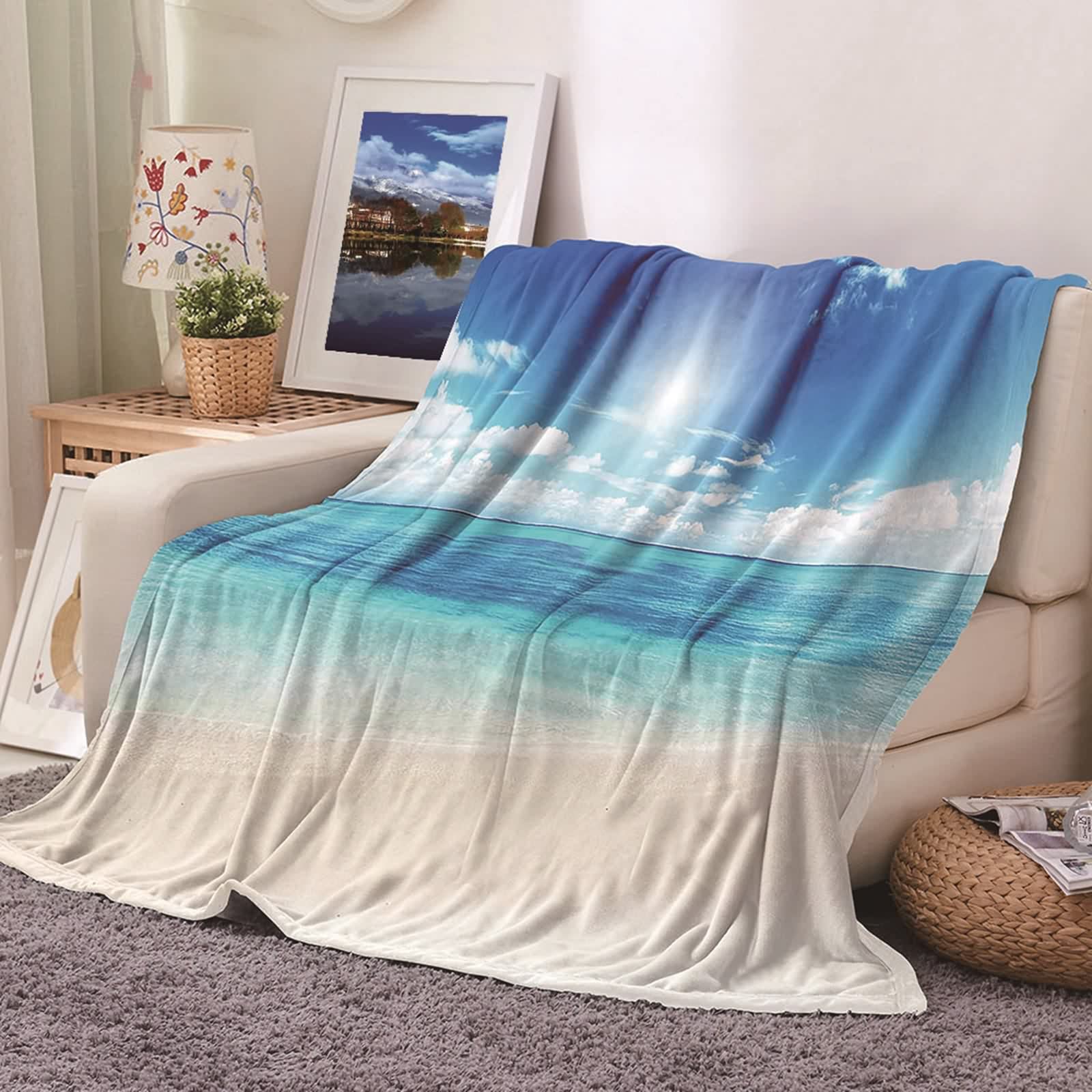 Couverture lit canapé flannel KnSam 100x150cm plaid polaire anti-peluche bleu beige