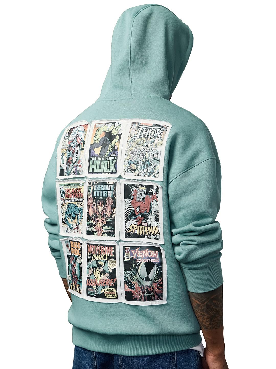 the souled store Marvel: Comics Men and Boys Long Sleeve Hooded Neck Mint Green Graphic Printed Cotton Blend Patch Everyday Oversized Hoodie-picture-39