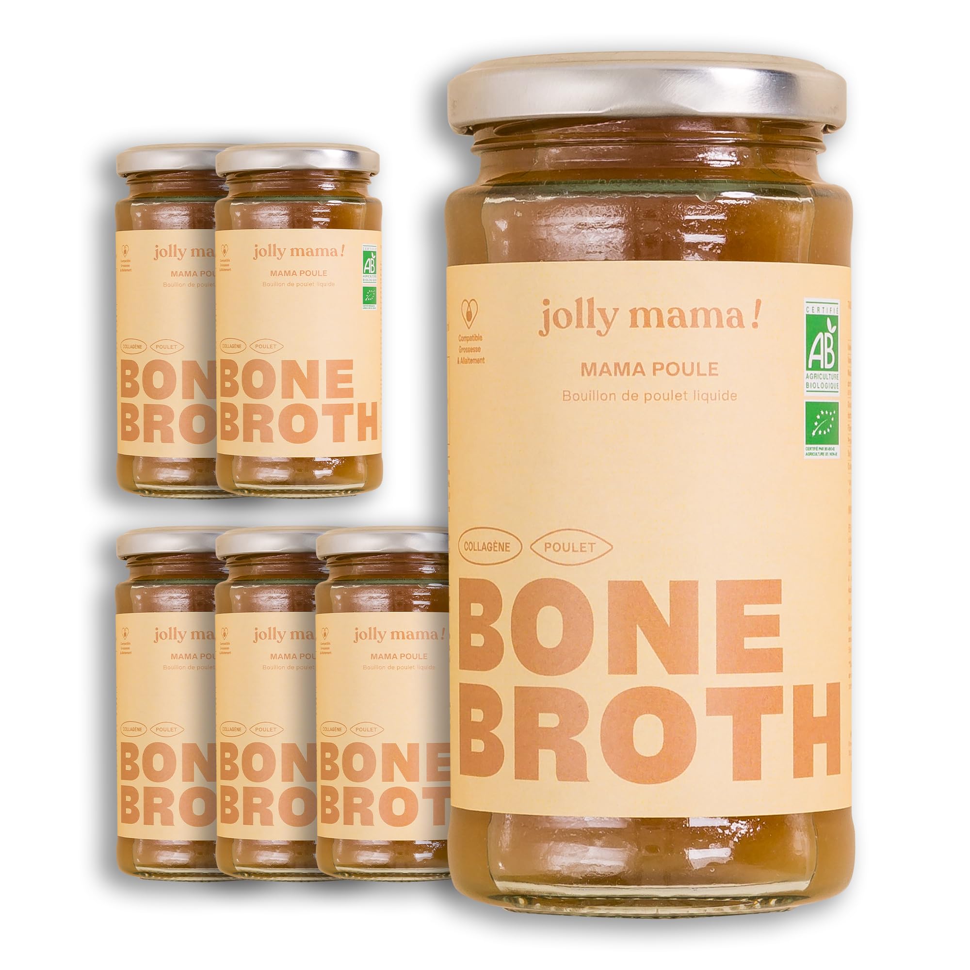 Jolly mama! Mama Poule | Bouillon d'Os de Poulet Bio | Riche en Collagène | Idéal en Postpartum | Sans Graisse Ajoutée | Fabriqué en France | 6 X 240 ml