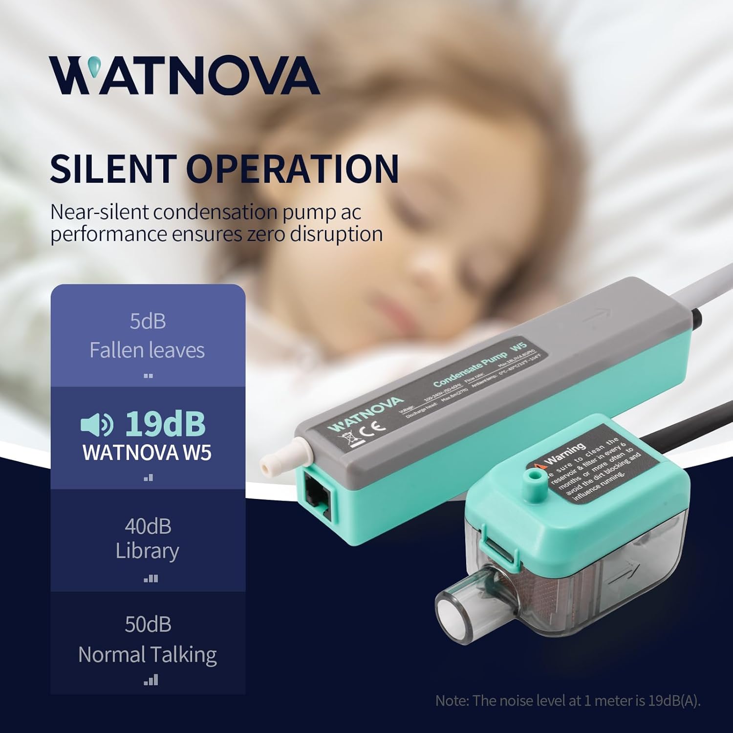 WATNOVA Ultra Slim Mini Split Condensate Pump, 4.75 GPH 27 ft Lift HVAC Drain Pump, Floatless Probe Sensor, Ultra-Quiet 19 dB, Hidden Installation for Wall Mounted Air Conditioners/Ceiling AC