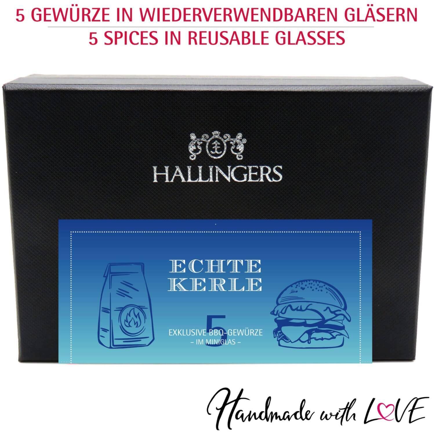 Hallingers Genuss Manufaktur Gewürz Geschenk-Set - 5 Gewürze aus aller Welt in wertiger Geschenkbox mit Rezept-Booklet "Echte Kerle", Geschenkidee für Männer Freund
