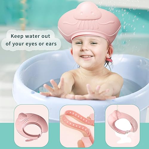Miniatura 2 de Gorro de ducha para niños, gorro de baby shower, protección de ojos para niños pequeños, bebés, niños (rosa)