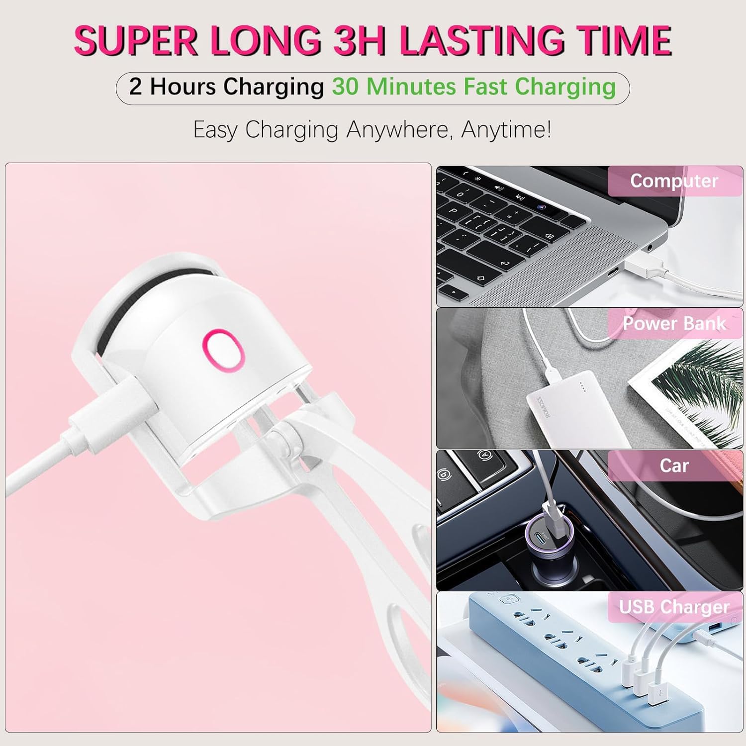 NIYANETAIL Heated Eyelash Curler, Electric Heated Lash Curler Rechargeable, 2 Heating Modes with Sensing Heating Silicone Pad, Portable Handheld Makeup Tools for Women 3