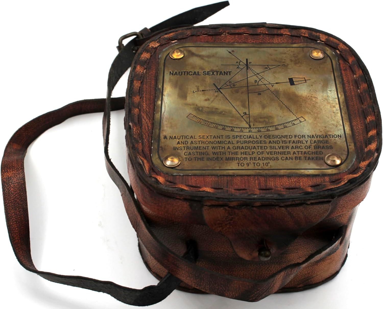 Antique Style Solid Brass Ship Sextant with Leather Box.