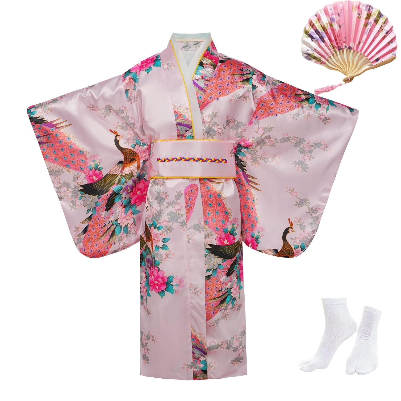 Kimono Japonais Fille à Double Couche Motif Paon avec Obi et Coussin Dorsal - Ensemble Déguisement Fille avec Éventail et Chaussettes Tabi - Kimono Enfant Cosplay pour Carnaval, Spectacle et Fête