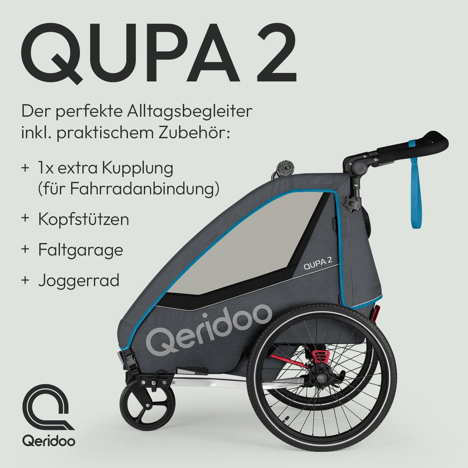 Qeridoo QUPA 2 Blue Comfort Sport Set | Fahrradanhänger 2 Kinder mit Joggerrad, Kupplung & Faltgarage | Kinderfahrradanhänger | Fahrrad Anhänger Kinder | Kinderanhänger Fahrrad | Jogger Kinderwagen