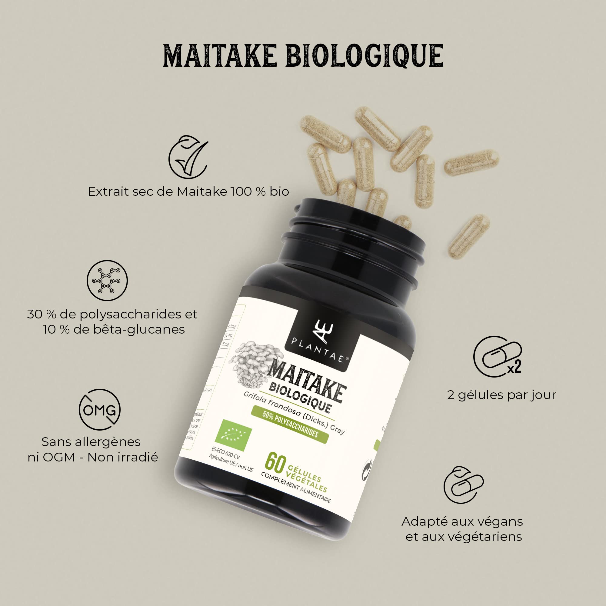 Maitake Bio * Plantae * 60 gélules végétales * Renforce le système immunitaire + Santé cardiovasculaire + Super-aliment *