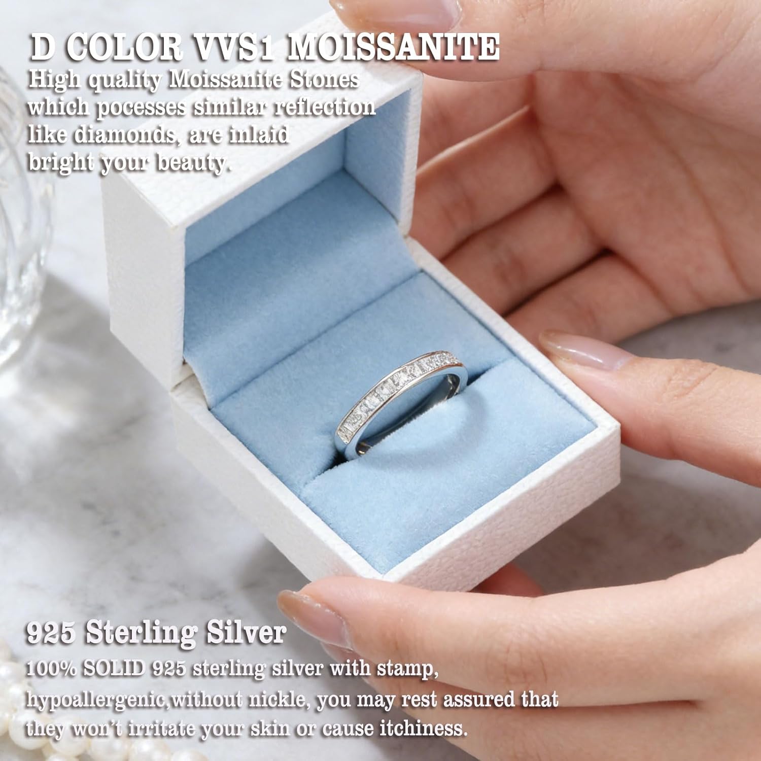 Newshe Jewellery Moissanite Wedding Bands for Women Eternity Rings 925 Sterling Silver Princess Cut Engagement Ring Pave Size