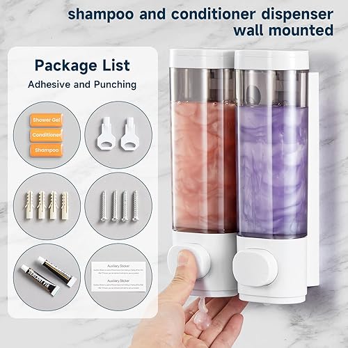 Miniatura 6 de Dispensador de jabón de ducha montado en la pared, 3 cámaras, dispensador de jabón para pared de ducha, 3 x 10.1 fl oz10.2 fl oz, manual, sin