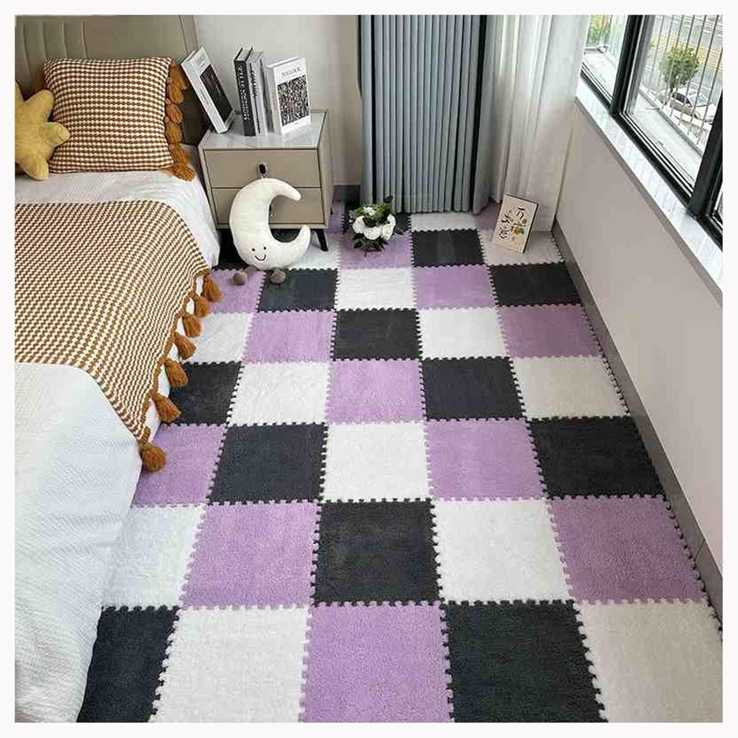 JvFbjLF Interlocking Carpet Tiles 12X12 Inch Square Foam Mat With Border Plush Carpet Puzzle Mats(White+Gray+Purple,20pcs)
