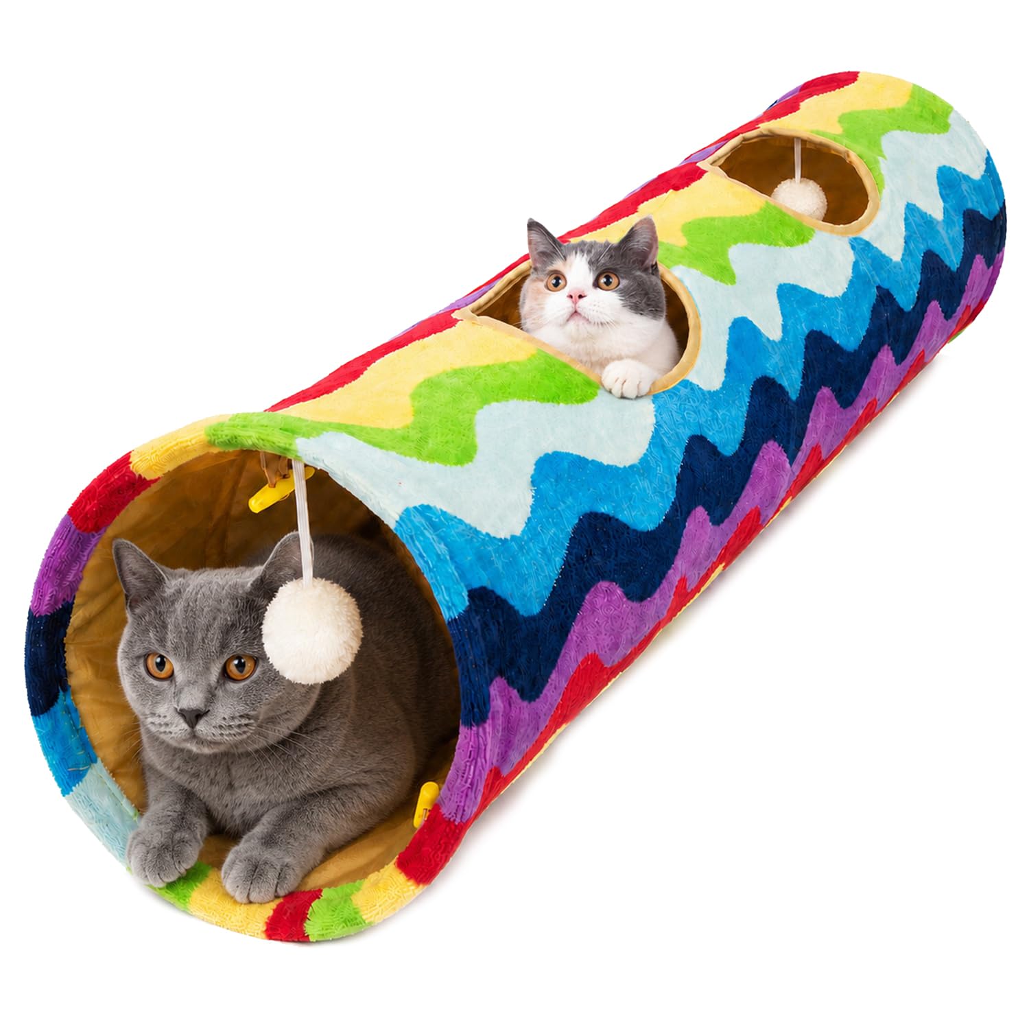 Tubo de túnel plegable con bolas de felpa, para mascotas pequeñas, conejos, gatitos, hurones, cachorros y perros, color arcoíris