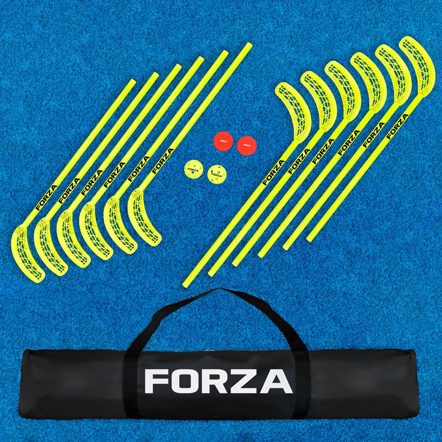 FORZA Plastic Hockey Set for Kids | 12 Durable 35in Sticks with 2 Pucks 2 Balls and Carry Bag – Lightweight Safe Training Equipment for School, Club and Recreational Play