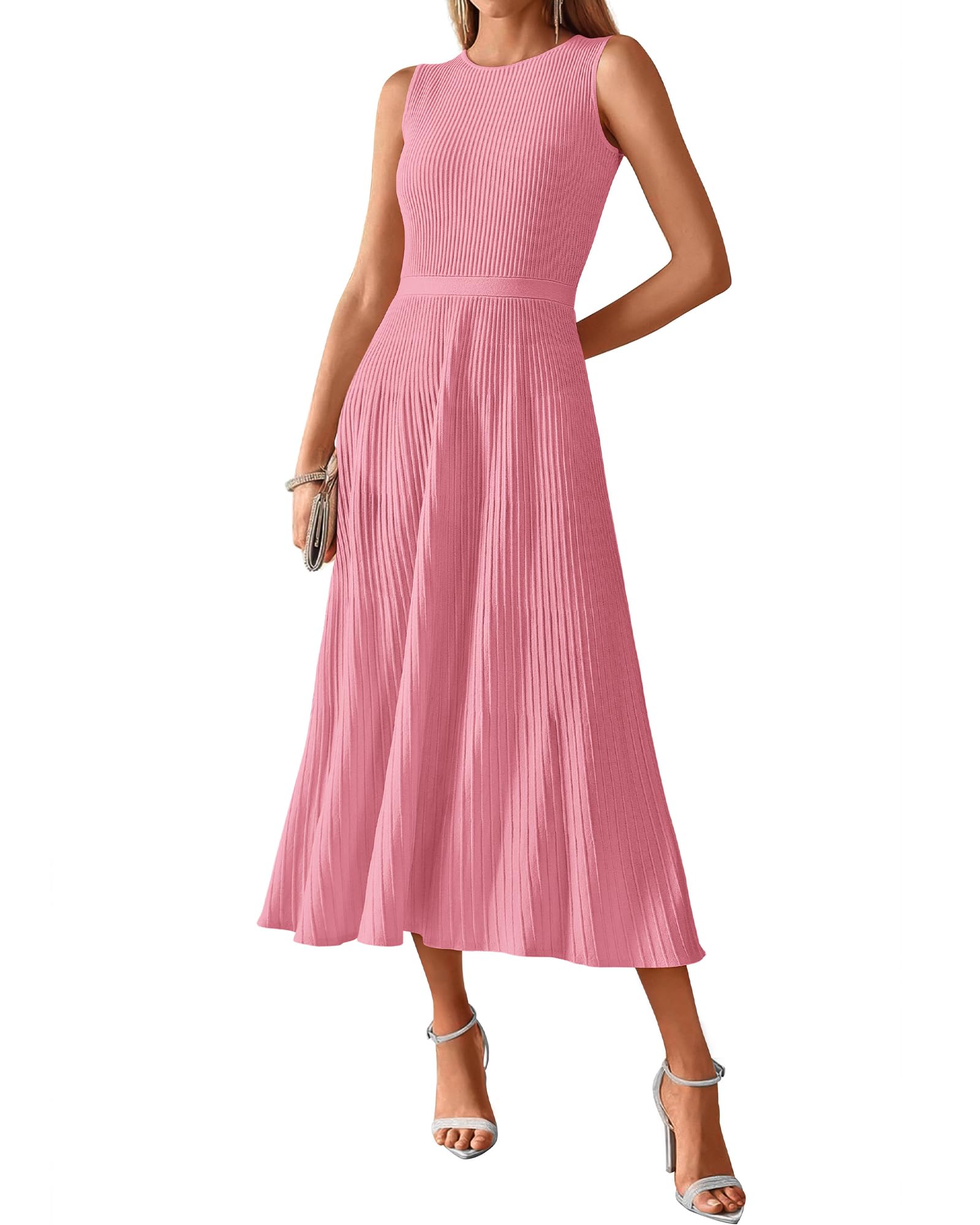 BTFBM Women Tank Midi Dress Summer Crewneck Sleeveless Pleated A Line Business Casual Formal Sweater Spring Dresses 2026