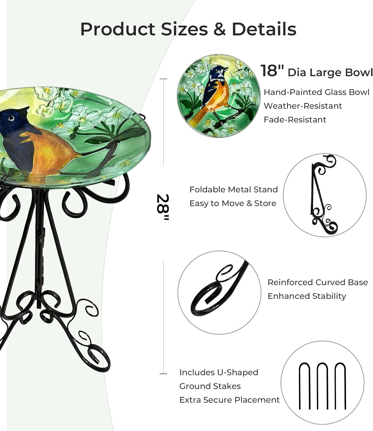 Large Bird Bath for Outside, 18" H Glass Bath Bowl with Metal Stand 28" H Standing Outdoor Birdbaths for Garden Yard Lawn Decor,Baltimore Oriole