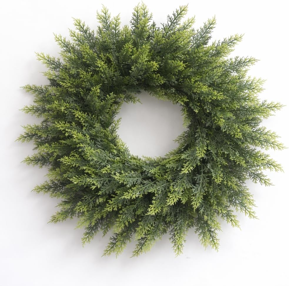 24 Inch Artificial Cedar Wreath, Lush Faux Evergreen Cedar Greenery Door Wreath for Front Door, Wall, Fireplace & Holiday Home Decor, Indoor Outdoor Use