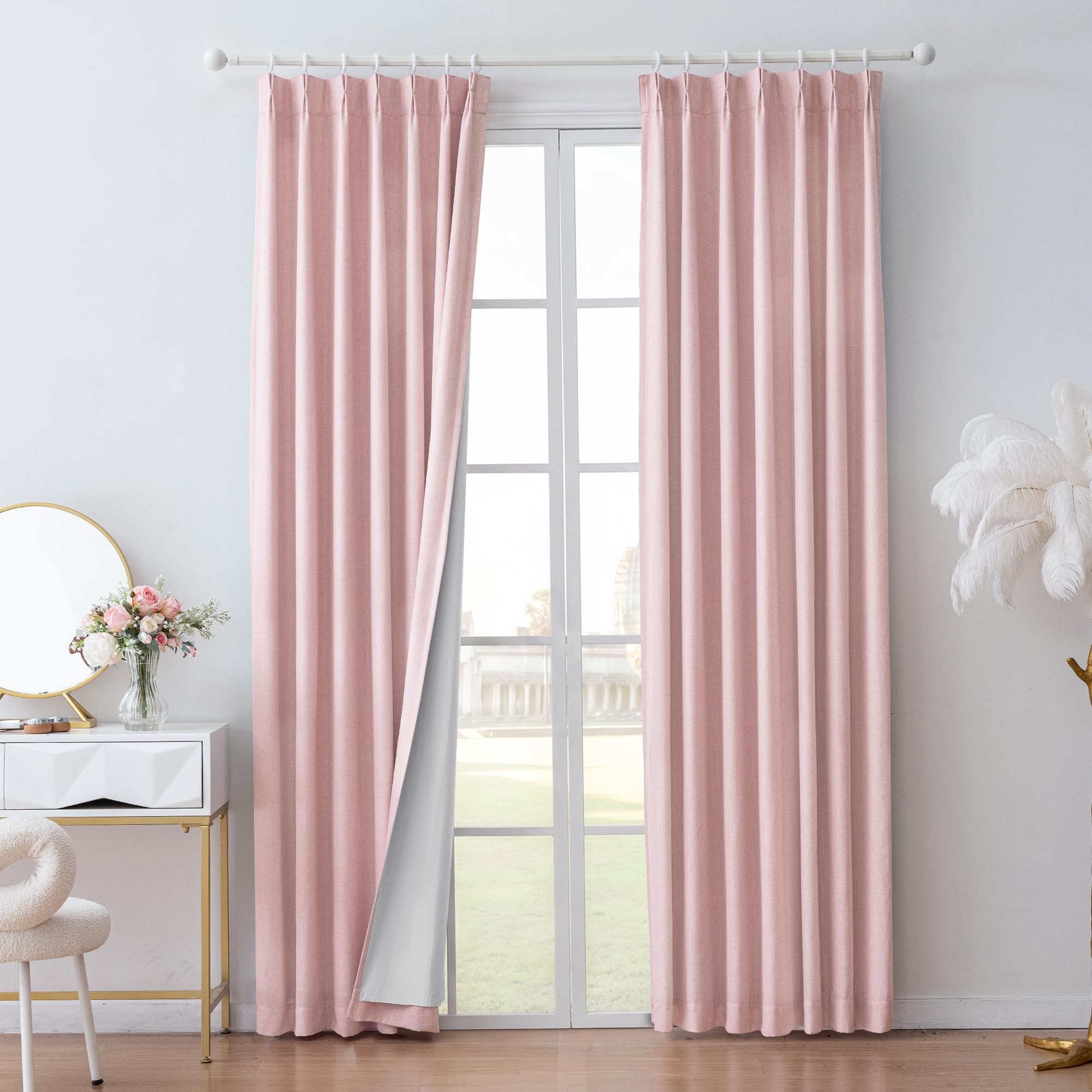 MYSKY HOME Pink Linen Pinch Pleated 100% Blackout Curtains 40Wx90L,2 Panels