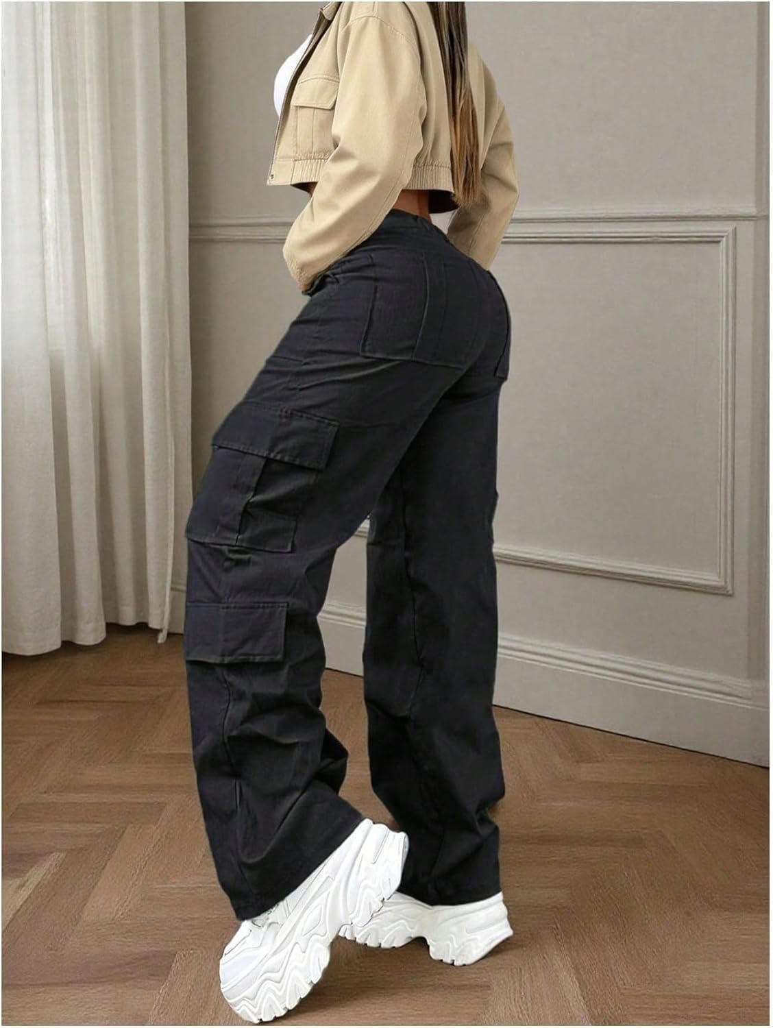 GORGLITTER Women's Cargo Pants High Waisted Parachute Pants Elastic Hiking Trousers Y2K Trendy Clothes with Pockets