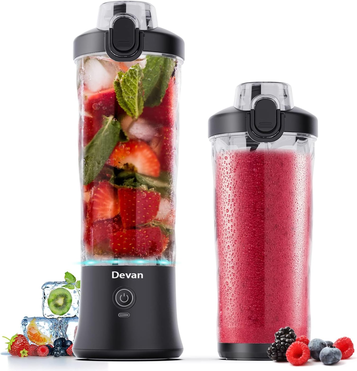 Portable Blender, Shakes and Smoothies Waterproof 20 oz BPA Free Blender Cup and a Travel Lid. (Black, 20 oz)