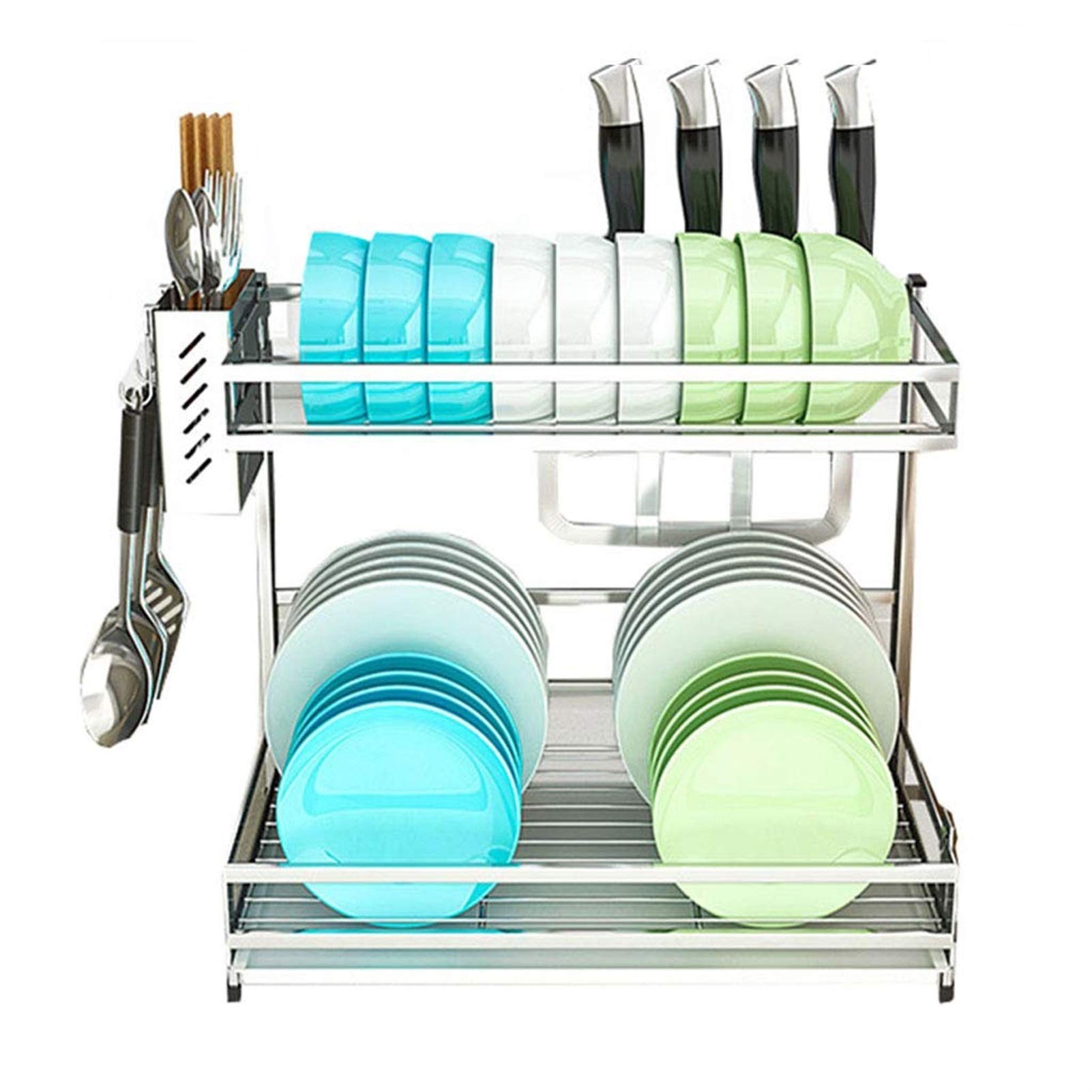 XYIANG Utensil Holders Rectangle Wall Shelf Unit | 2 Tier Kitchen Bedroom Living Room Floating Shelves | Kitchen Rack with Chopsticks Cage and Tray | Dish Drying Rack |