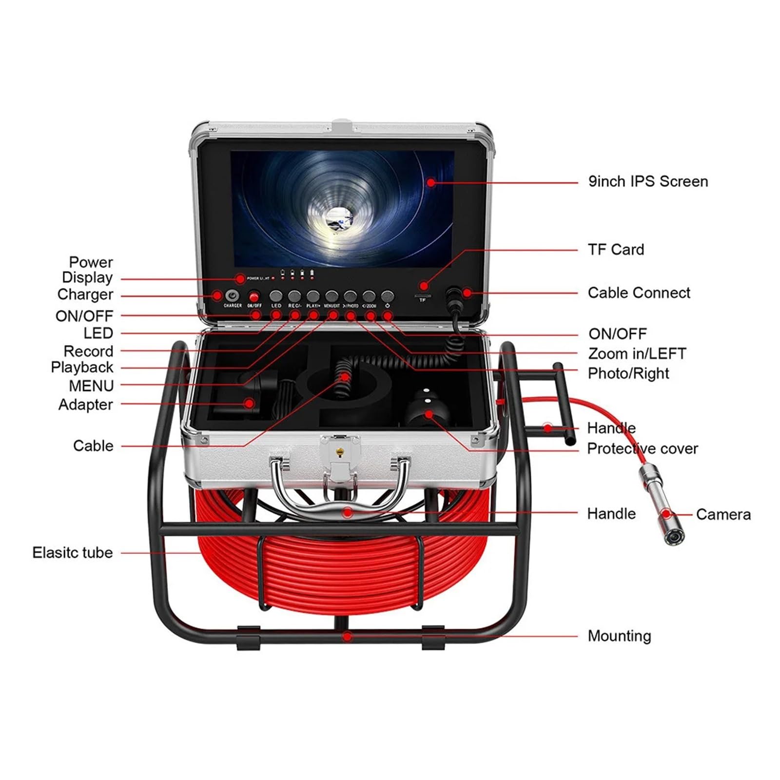 Cámara De Inspección Tuberías, Monitor 9", Boroscopio, Grabación DVR, Tubería Alcantarillado Drenaje 17 Mm, Endoscopio Industrial con Tarjeta TF 16 G Resistente Al Agua Y Al Desgaste(20m)